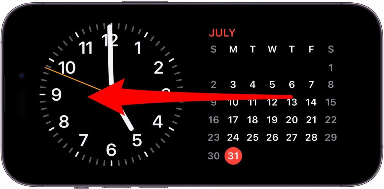 iphone standby screen with clock and calendar widgets, and a red arrow pointing left across the screen, indicating to swipe left on the screen