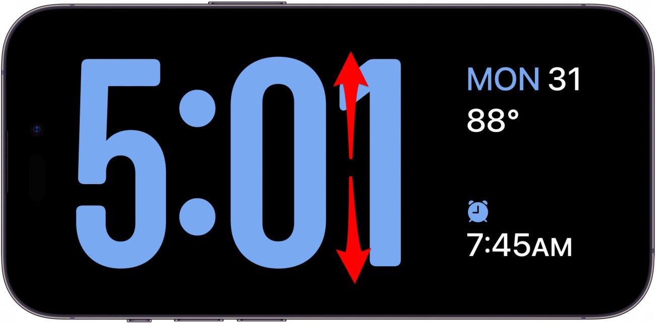 iphone standby clock screen with red arrows pointing up and down, indicating to swipe up or down