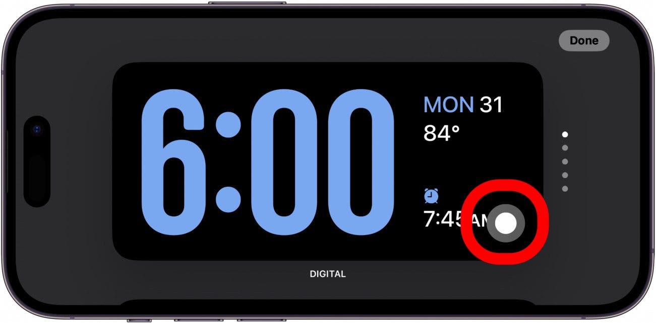iphone standby clock screen with clock color icon circled in red