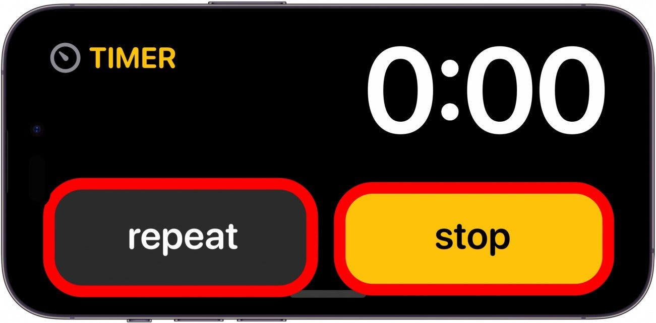 iphone standby screen showing a timer at 0 with repeat and stop buttons circled in red
