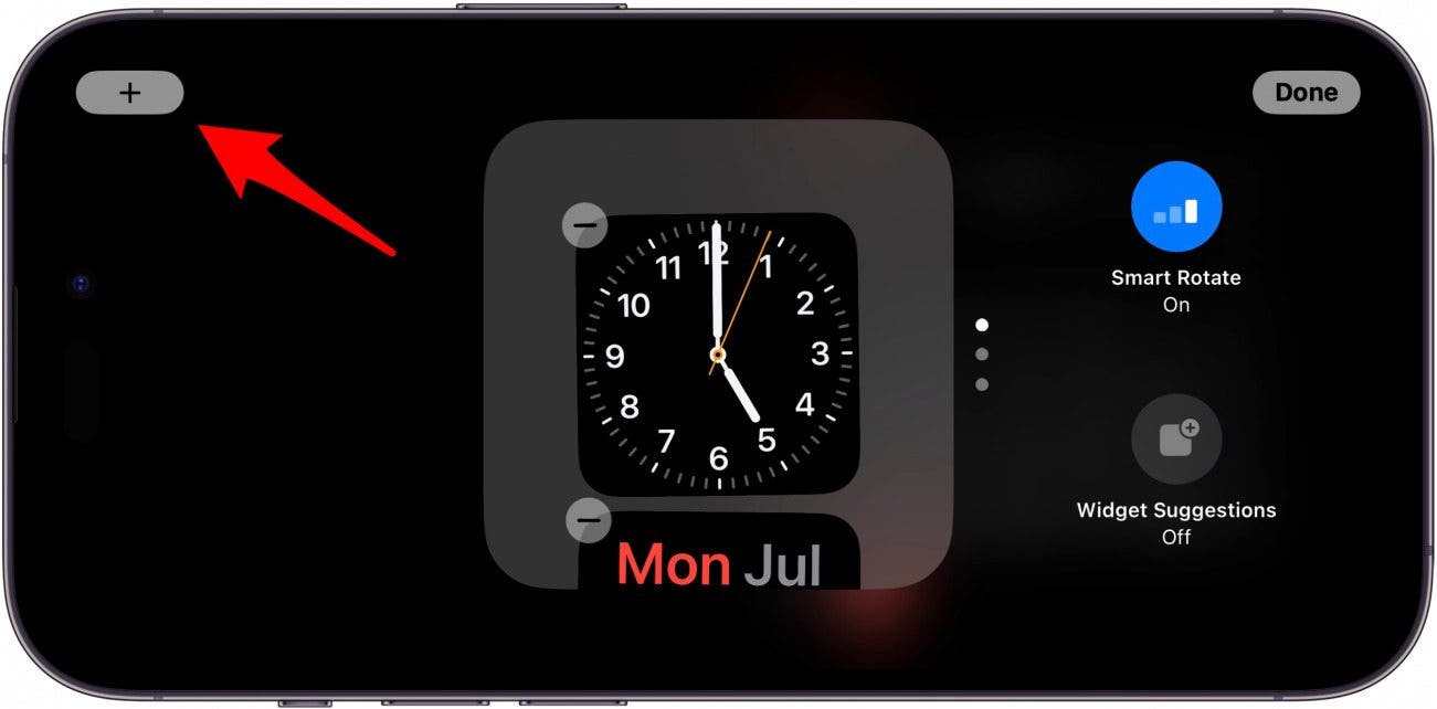 iphone standby widgets screen with a red arrow pointing to plus icon