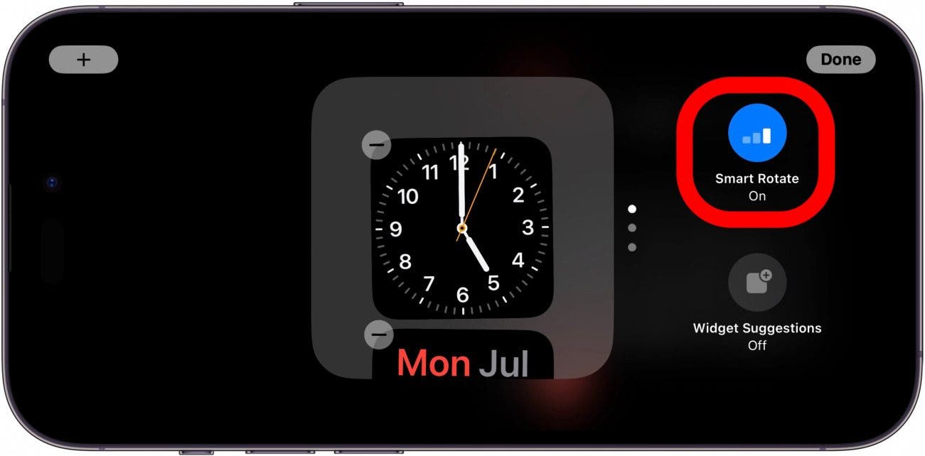 iphone standby widgets screen with smart rotation option circled in red