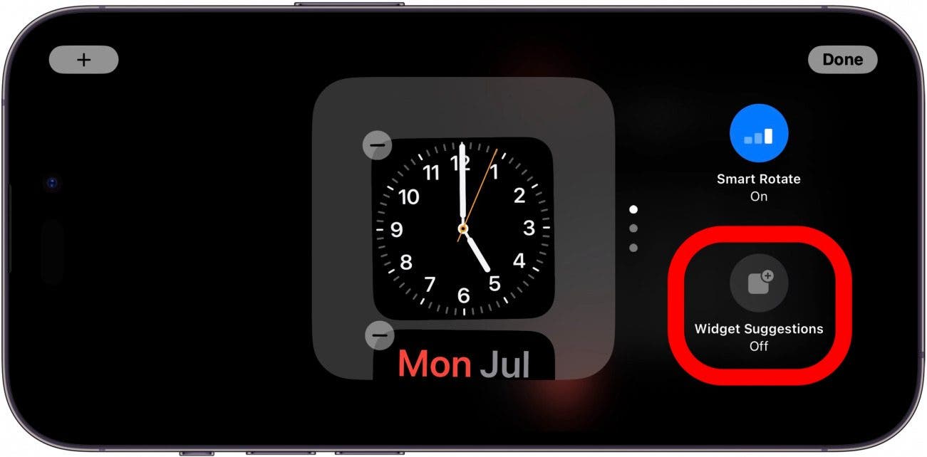 iphone standby widgets screen with widget suggestions option circled in red