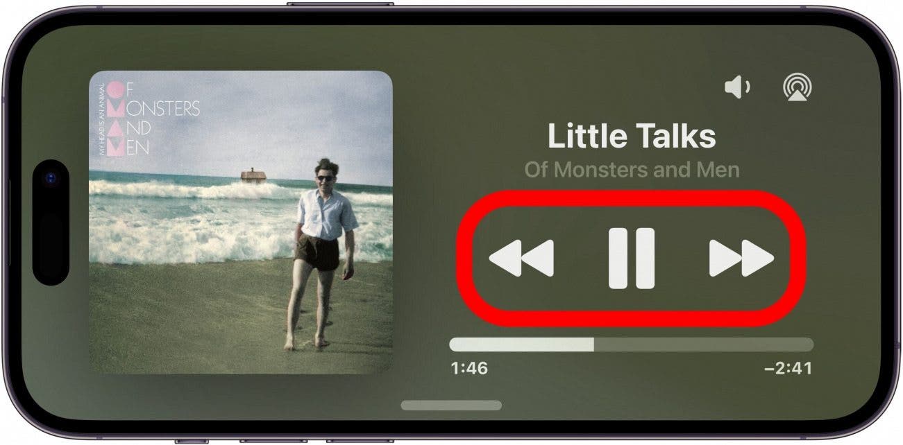 iphone standby mode displaying music controls with a red box around pause and skip buttons