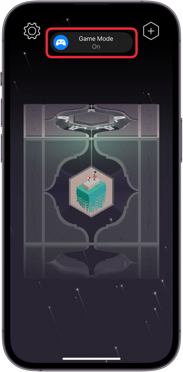 a screenshot of an iphone displaying the game monument valley 2, and a red box around a notification at the top of the screen that says, "Game Mode"