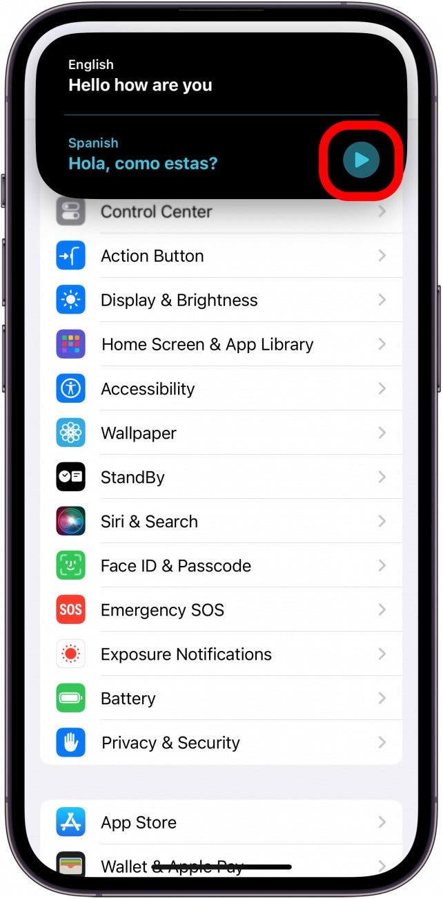 iphone settings with a translate pop up open in the dynamic island showing english text, "hello how are you," and a spanish translation underneath, "Hola, como estas?"