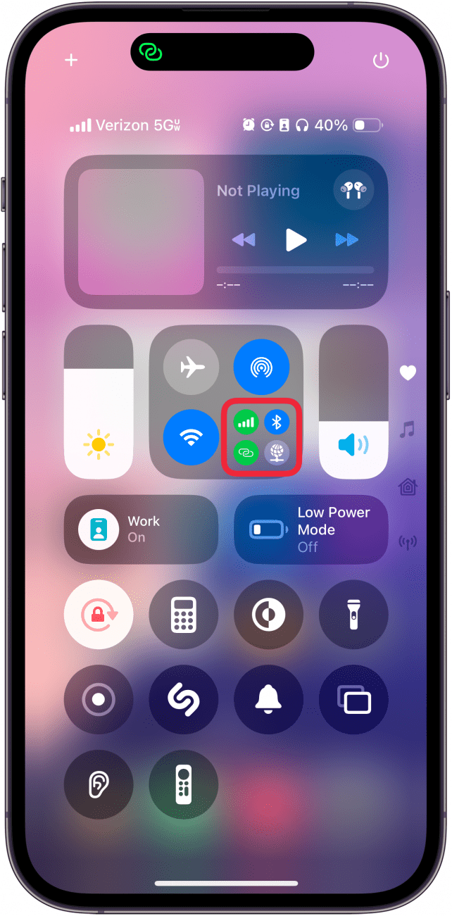 iphone control center with bottom right of connectivity control circled in red