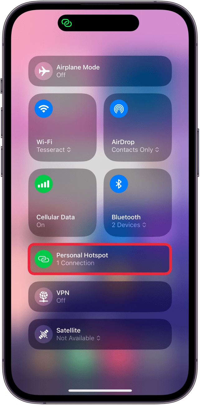 iphone control center toggles with hotspot icon circled in red, showing 1 device connected