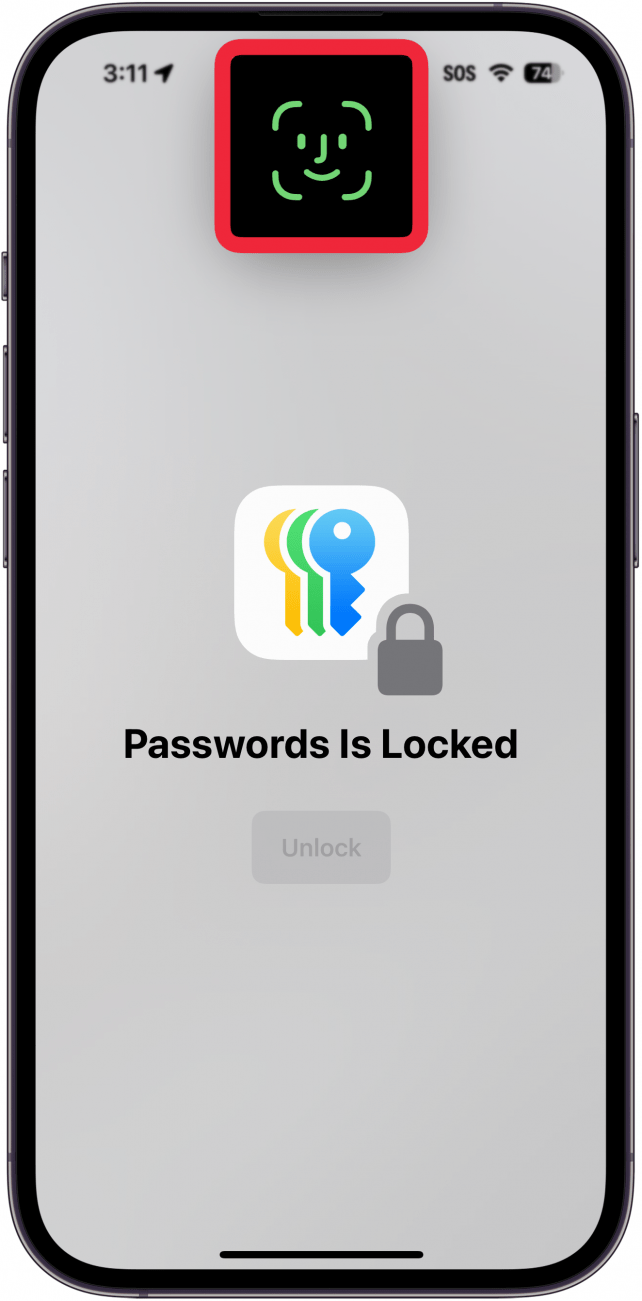 iphone passwords app with a red box around face id indicator