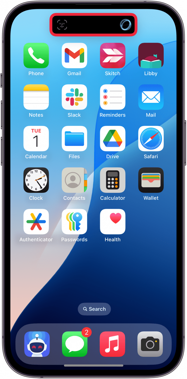 iphone home screen with a face id prompt in the dynamic island and a red box around it