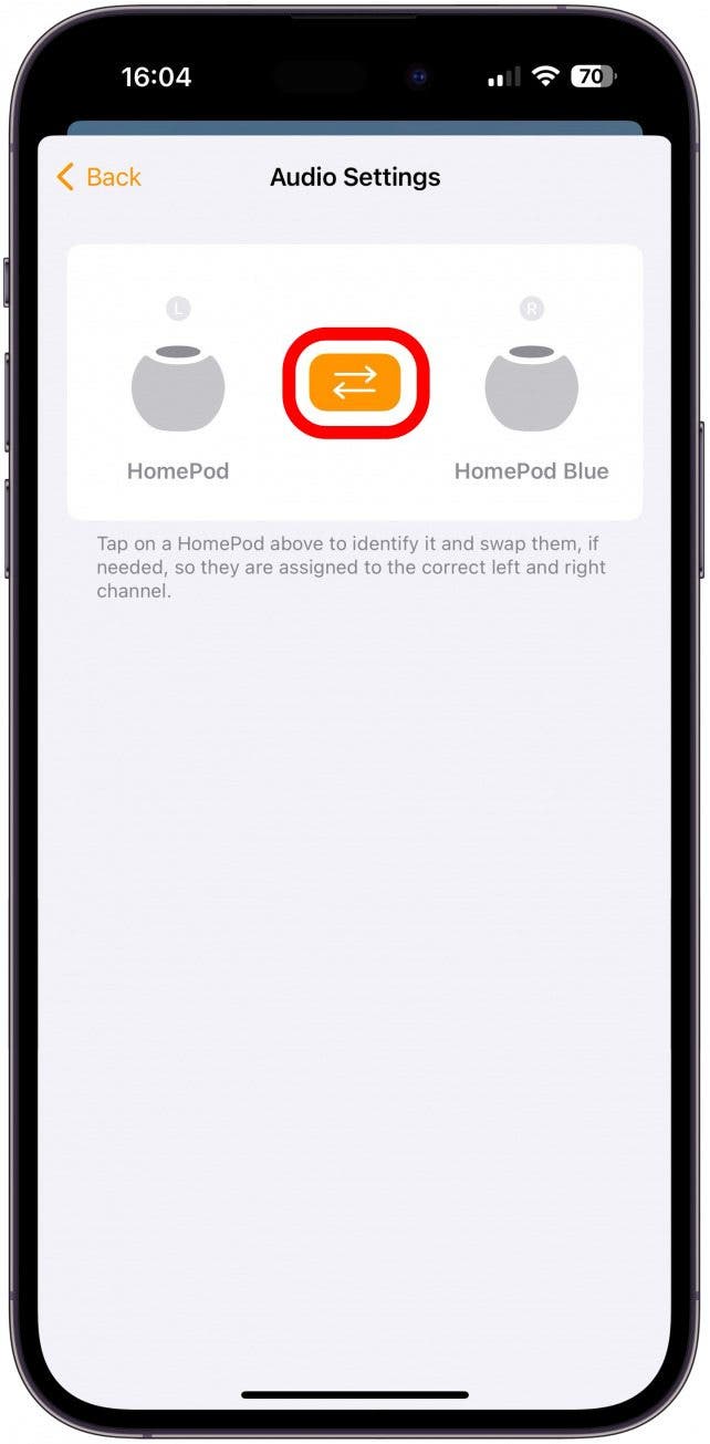 Follow the on screen directions to identify the left and right speaker then tap the center arrows icon if you need to switch HomePod channels from left to right.