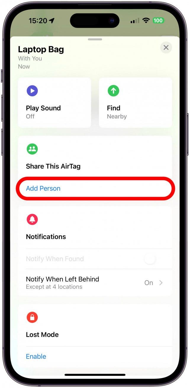 Scroll under Share This AirTag and tap Add Person.