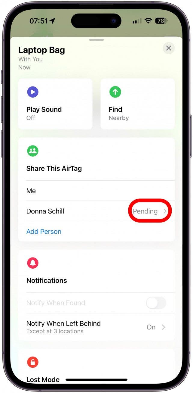 Under Share This AirTag, you will now see the contact(s) you invited; it will say 'Pending' until they accept.