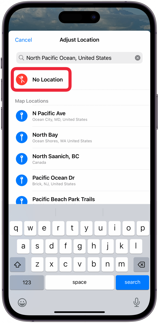 Enter the correct address in the search field, tap an option from Map Locations to select, or tap No Location to delete the geotag.