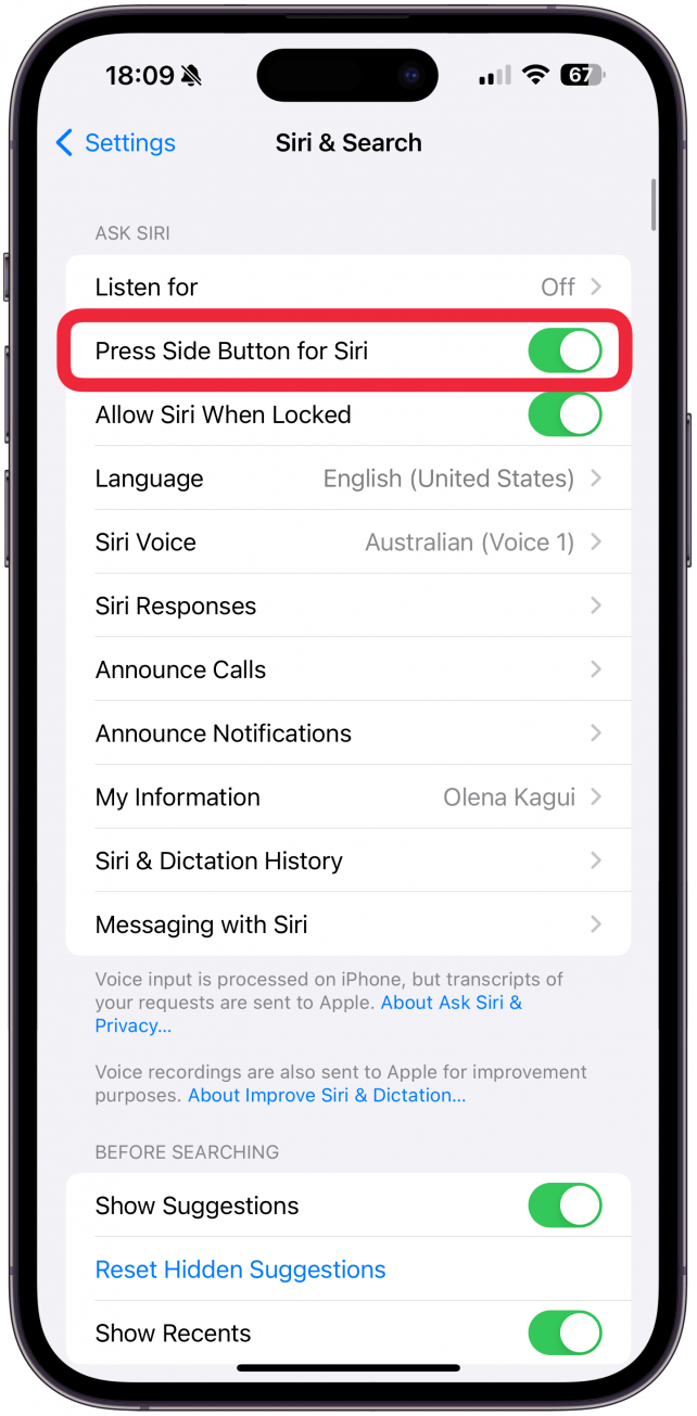 Toggle Press Side Button for Siri off.