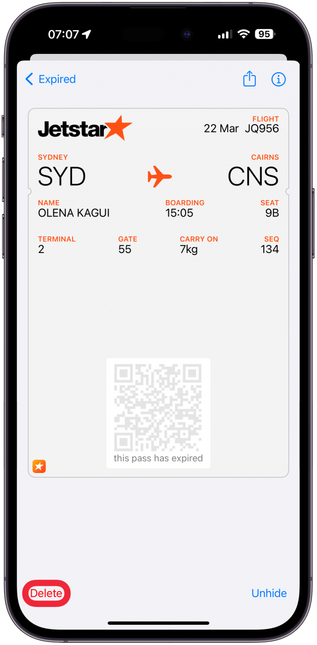 Now, you can tap on a pass to open it up and tap Delete.