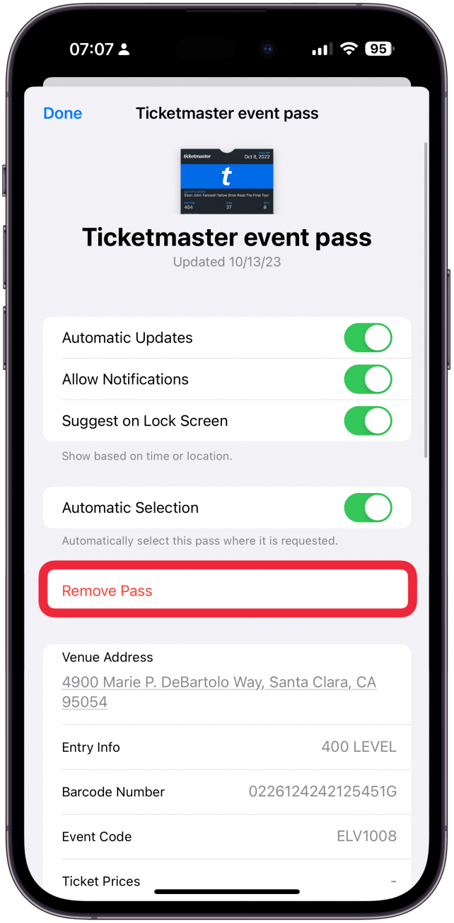 Here, you can tap Remove Pass.
