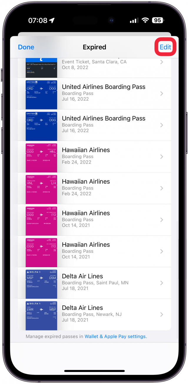 If you return to your Expired passes page, you can also tap Edit in the top right corner.