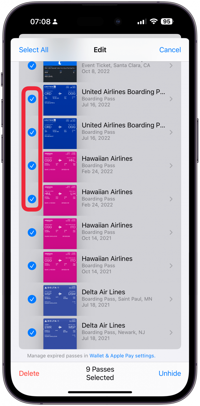 Now, you can select passes you wish to delete in bulk.