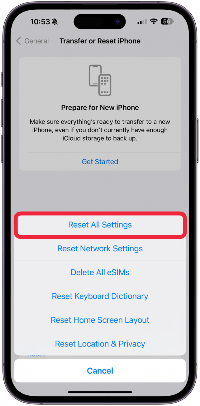 Reset All Settings.