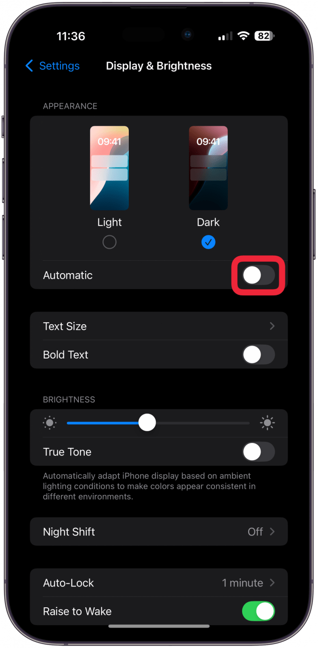 To make Dark Mode turn on and off automatically, make sure that Automatic is toggled on.