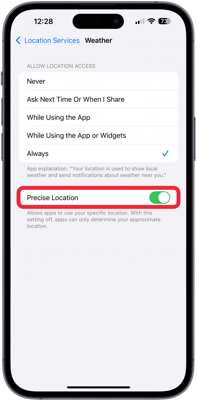 Tap the toggle next to Precise Location, if it is not already green and enabled.