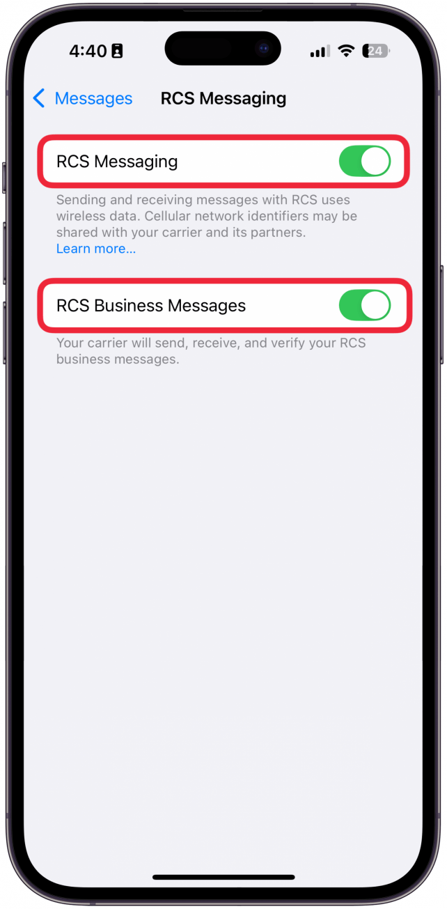 iphone rcs settings with red boxes around RCS messaging and RCS business messages toggles