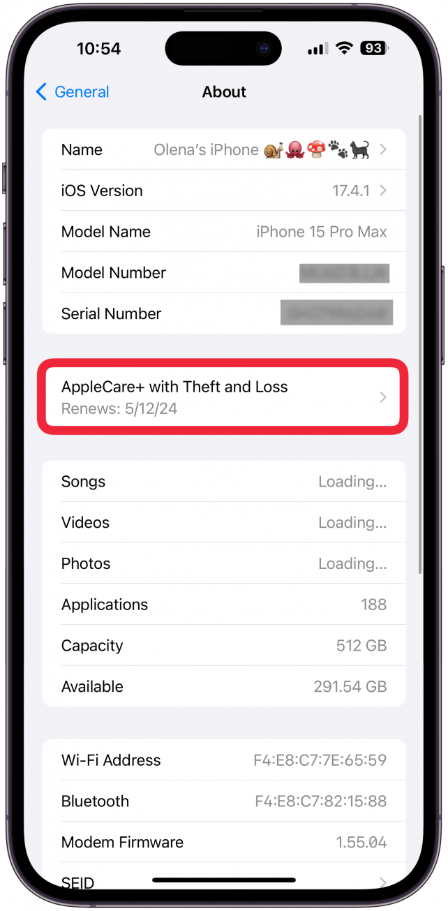 Under Serial Number, you will see the name of your coverage, in my case it is AppleCare+ with Theft and Loss, tap on it.