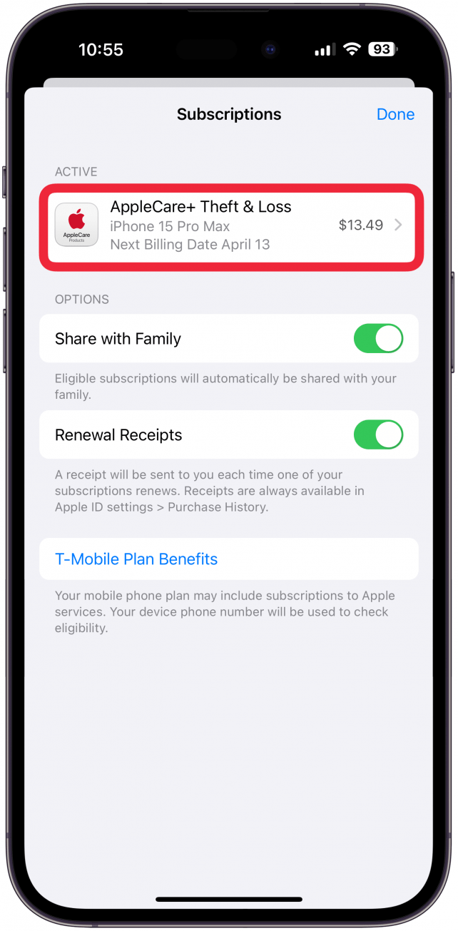 Tap on your AppleCare+ subscription under Active.