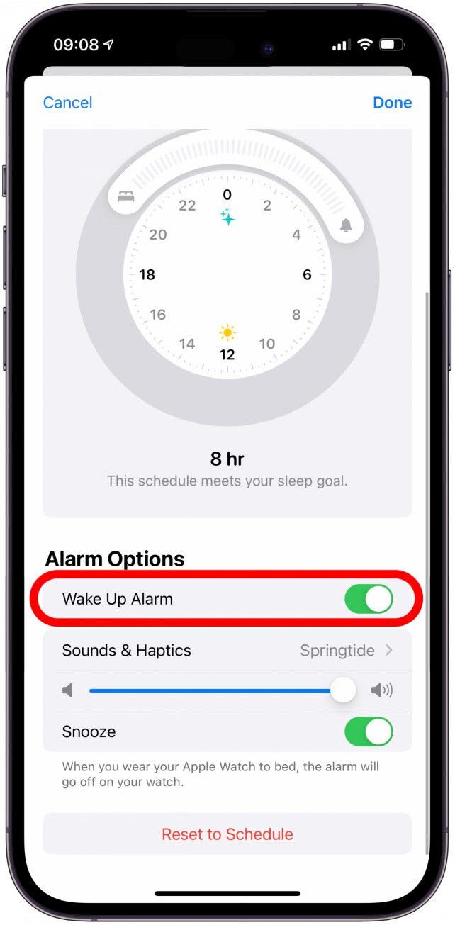 Under Alarm Options, you can toggle Wake Up Alarm.