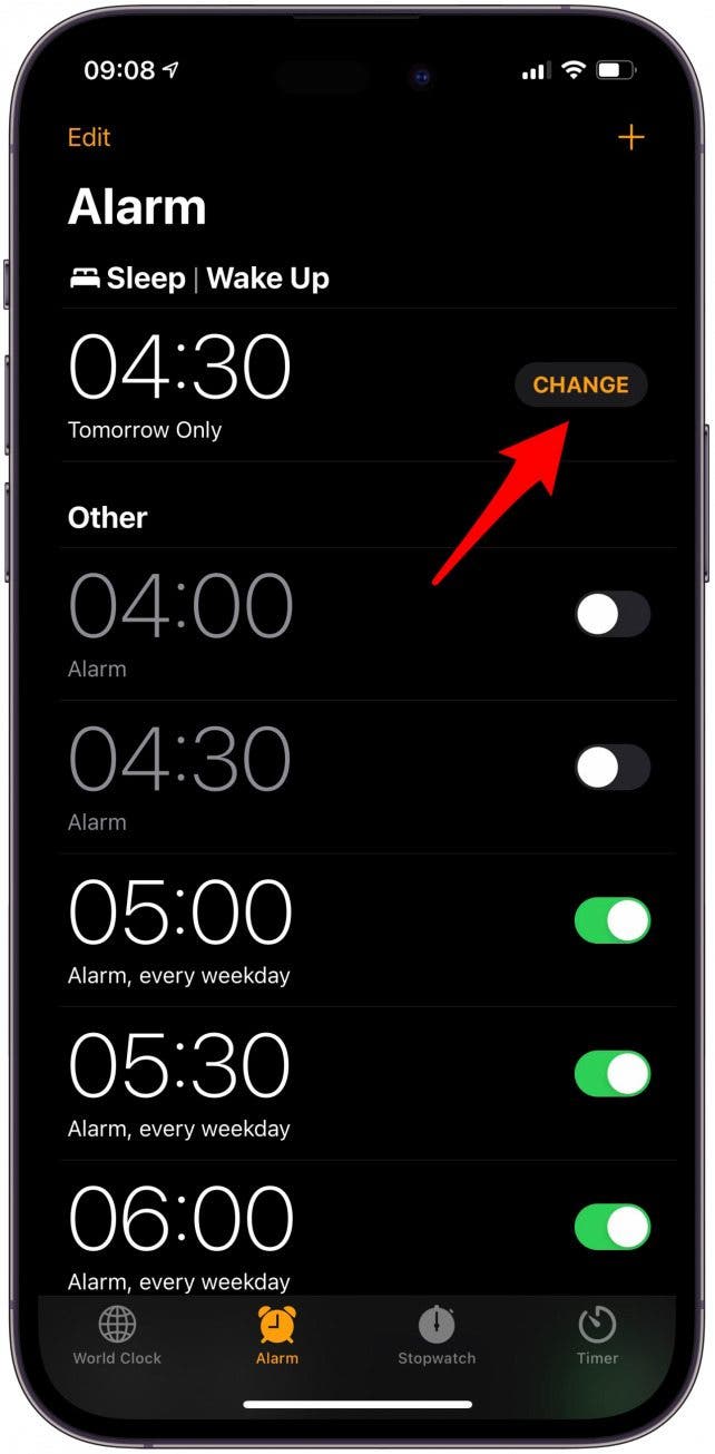 Open the Clock app and tap Change under Sleep | Wake Up.