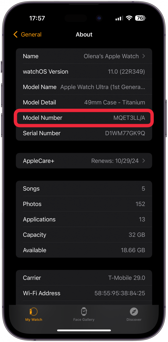 On this screen, you’ll see a section that says Model. It will contain a number in it, but you'll need to tap this number to reveal the model number.