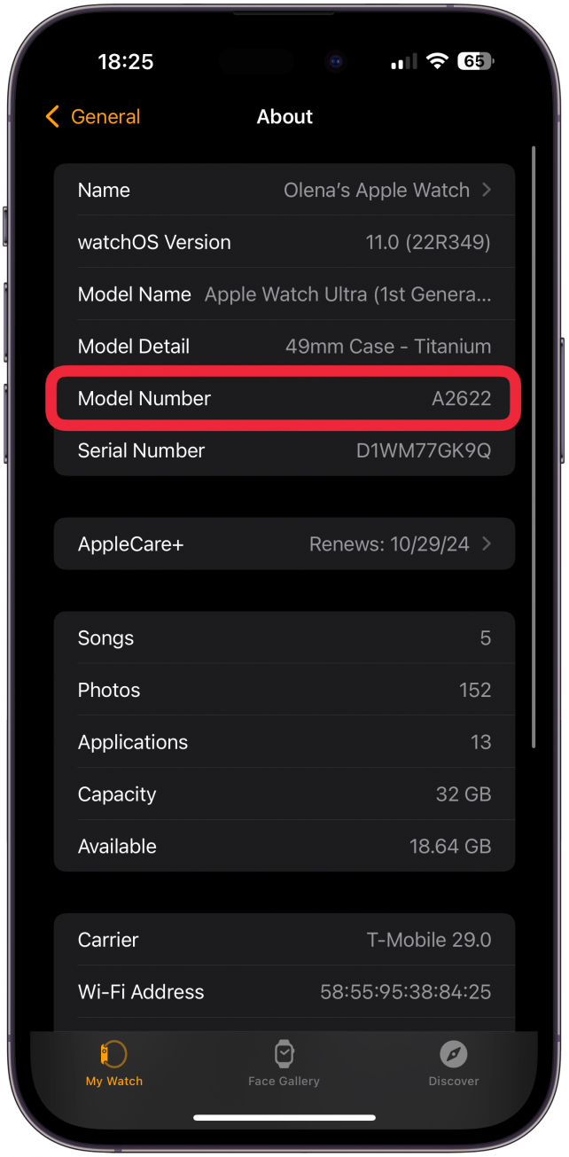 Once you've tapped on the number, a new four-digit number preceded by the letter A will appear. This is your Apple Watch model number.