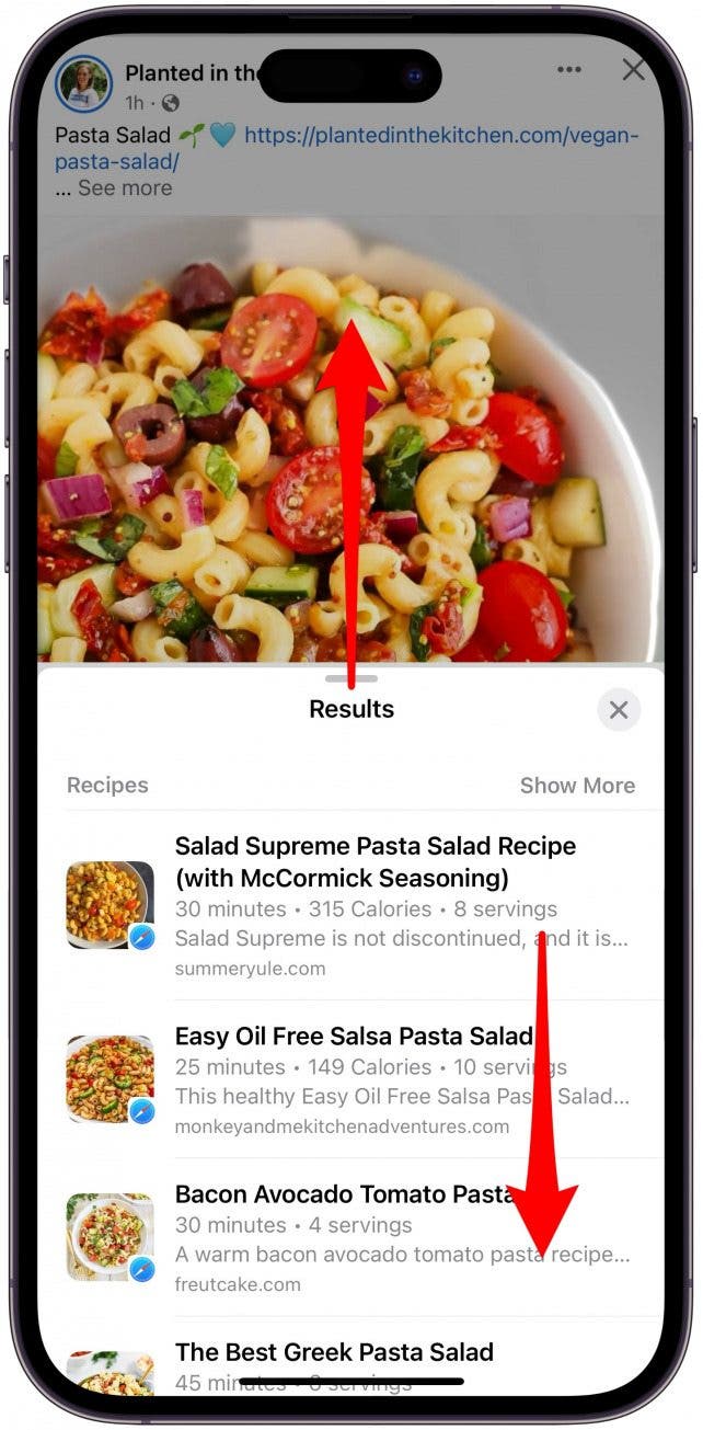 Swipe up and scroll to see the different options based on cooking time, calories, and serving size.