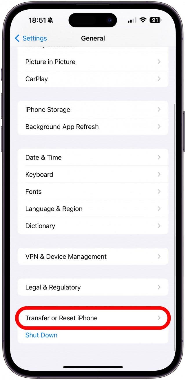 Scroll to the very bottom and select Transfer or Reset iPhone.