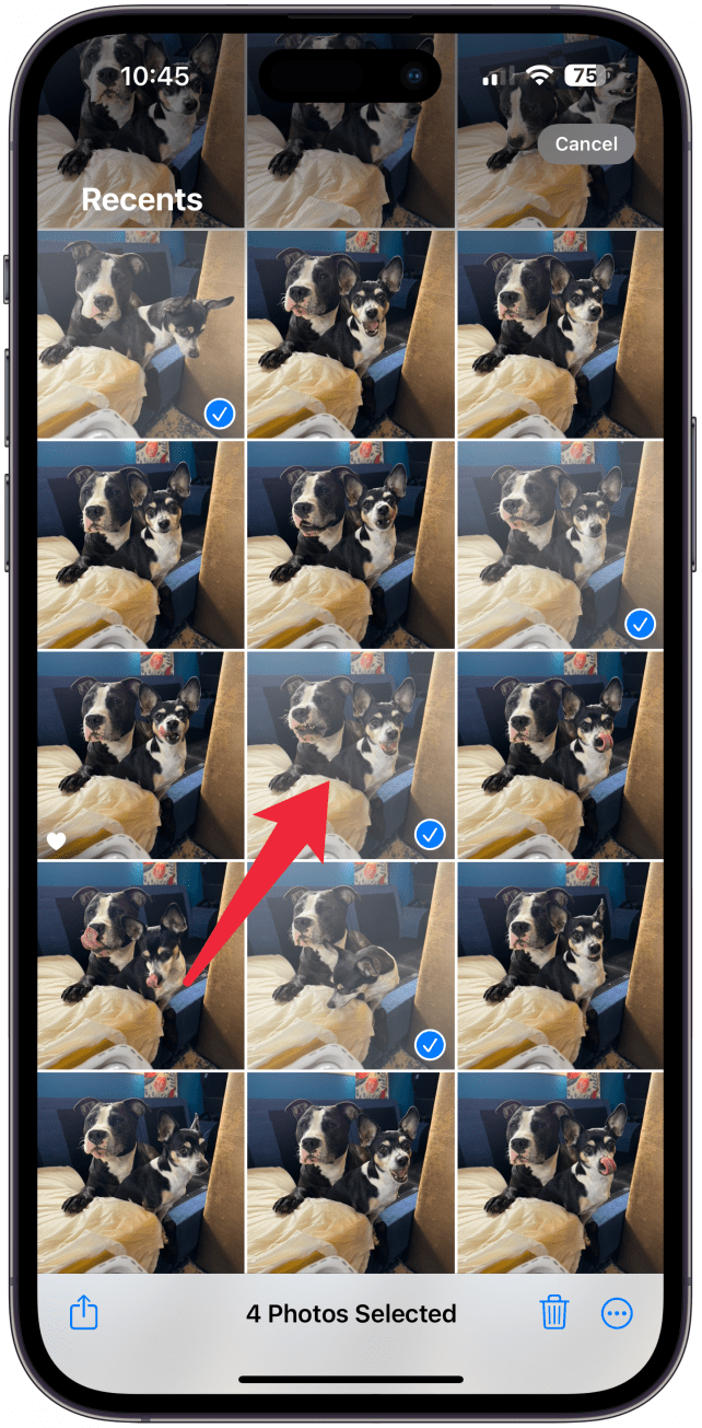 To select several photos at once, swipe your finger across rows of photos you want to delete.