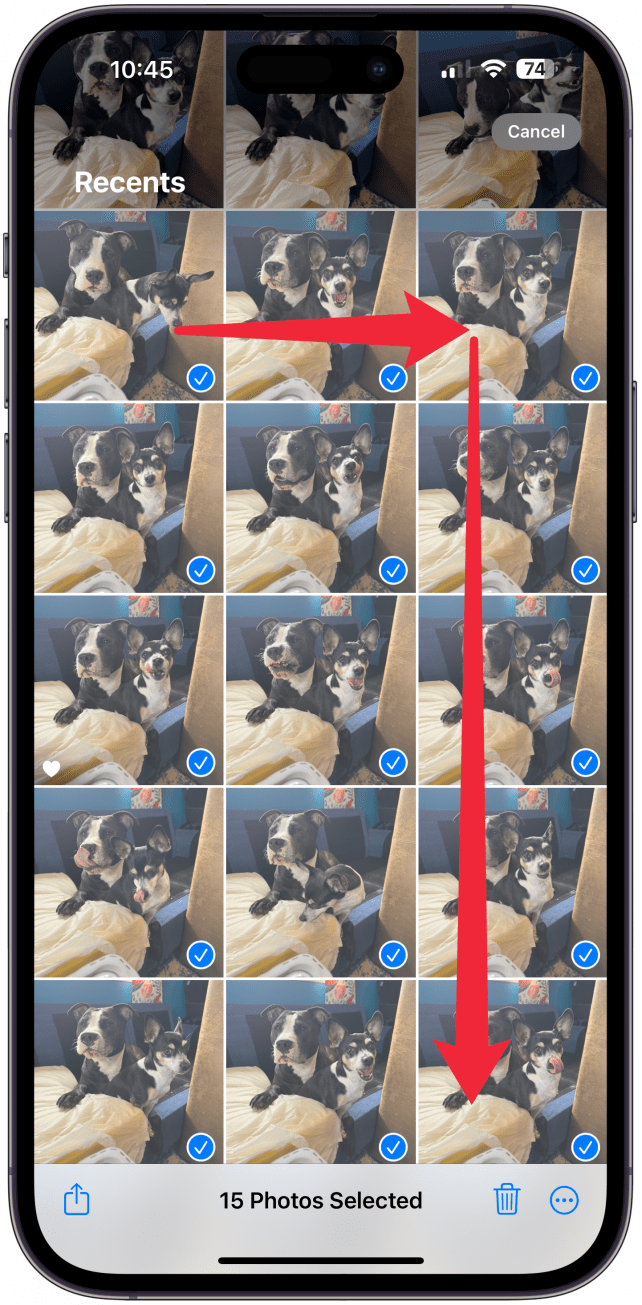 To deselect photos, simply tap those individual photos or swipe across an entire row to remove the blue checkmarks.