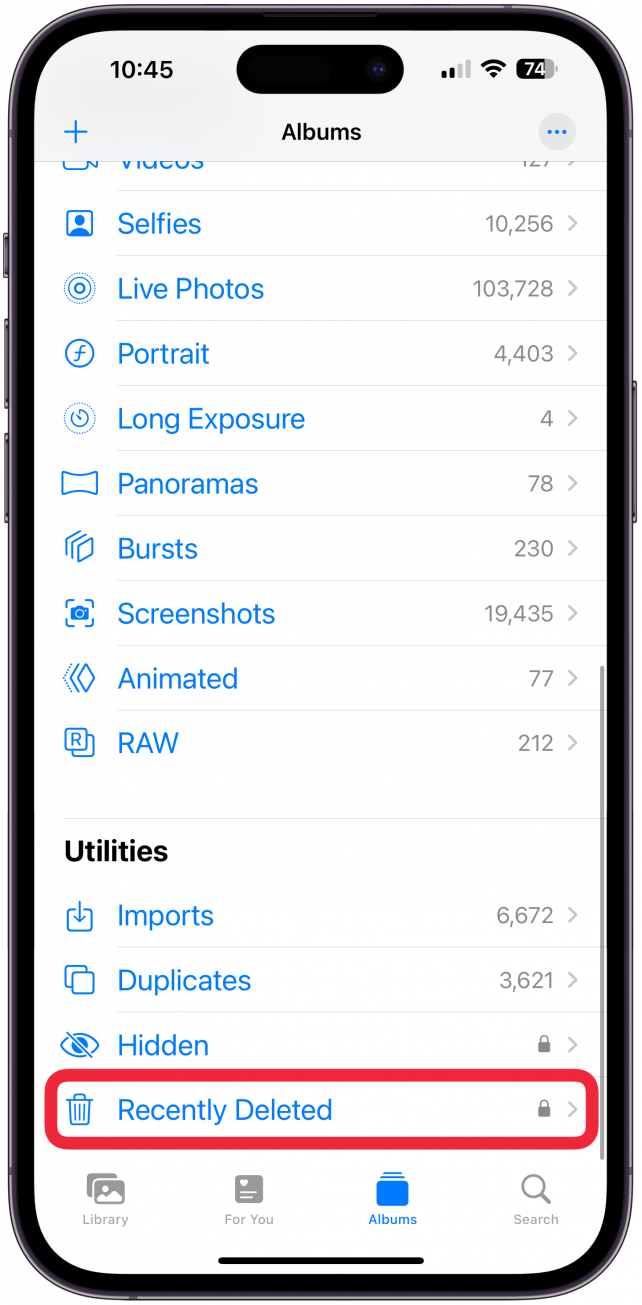 Scroll down to Utilities and select Recently Deleted.