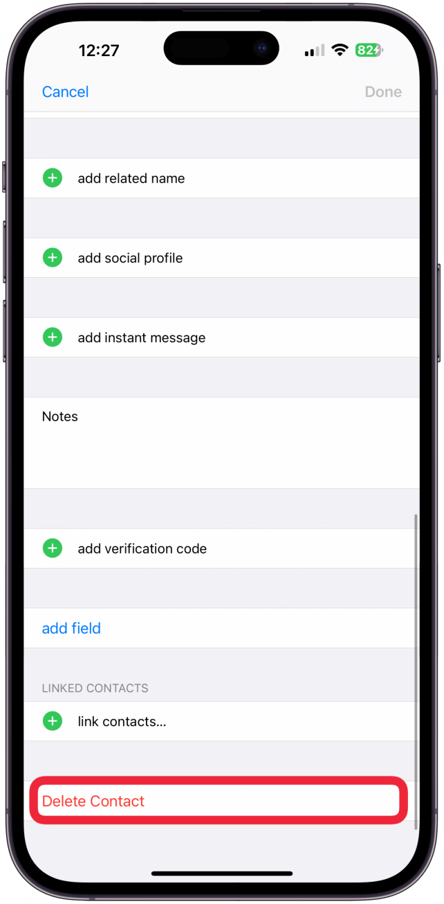 Scroll to the bottom of the screen and tap Delete Contact.