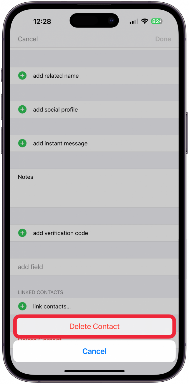 Tap Delete Contact again to confirm.