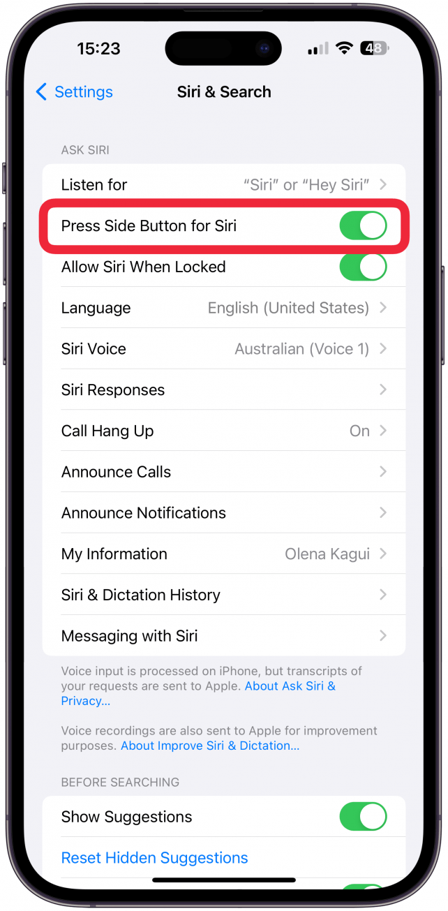 Here you can toggle Press Side Button for Siri on or off.