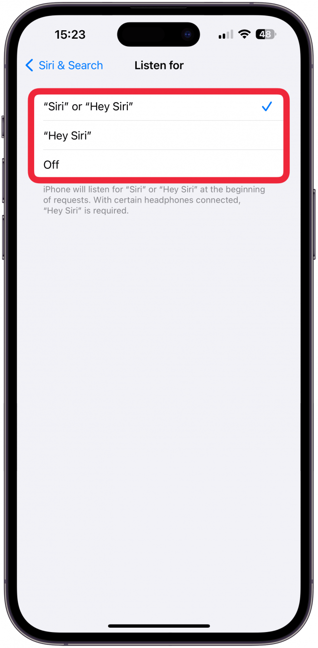 Here you can pick between “Siri” or “Hey Siri,” “Hey Siri,” or Off.