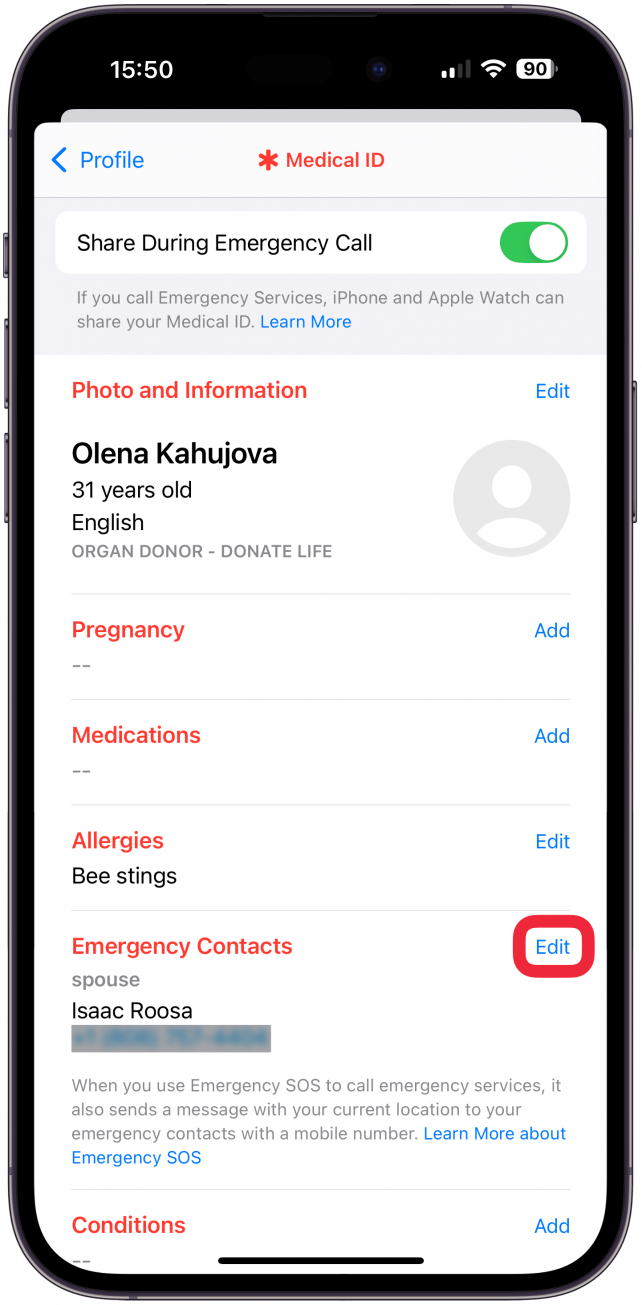 Scroll down to Emergency Contacts and tap Edit.