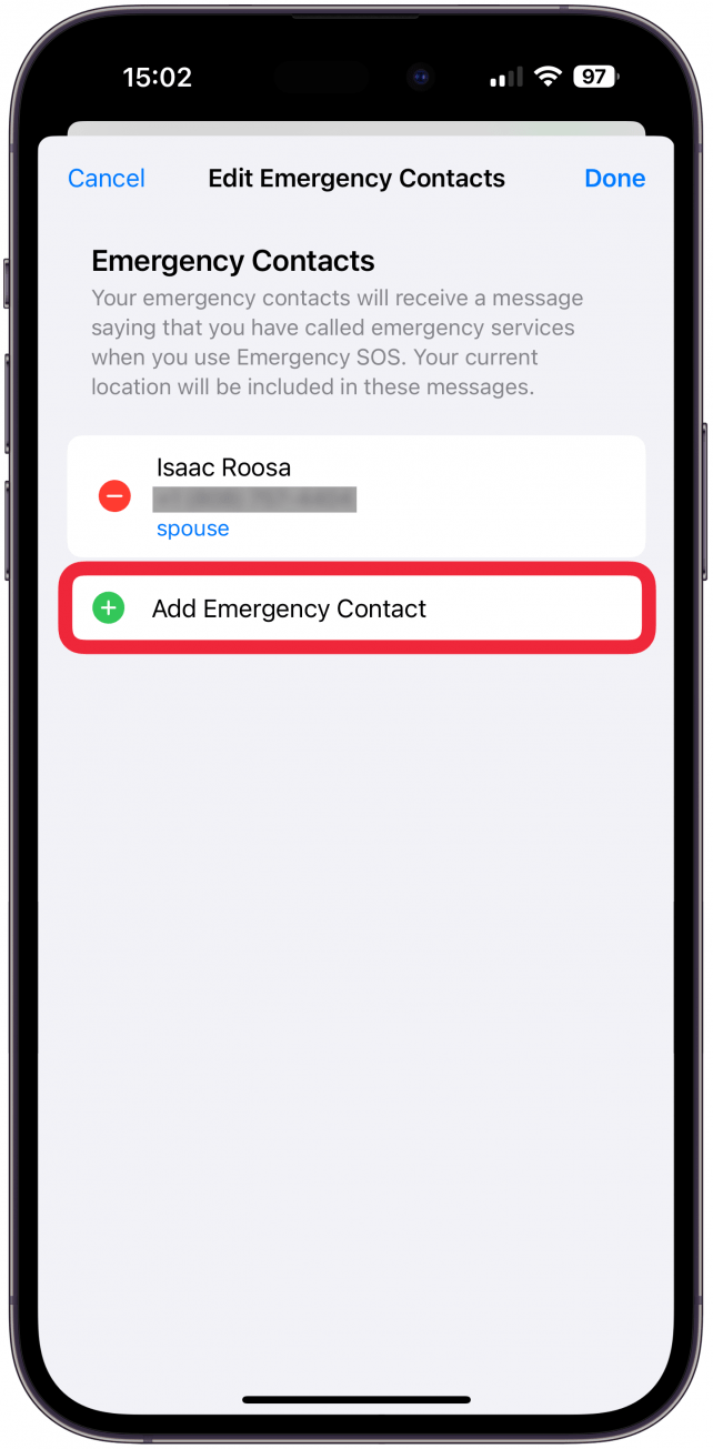 Tap the green plus sign to add a new emergency contact.