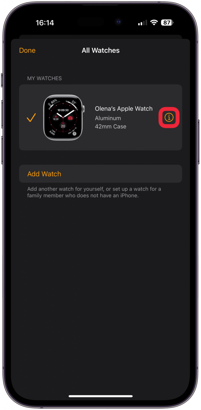 Tap on the info icon next to the watch you wish to unpair.