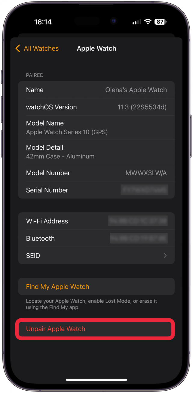 Select Unpair Apple Watch.