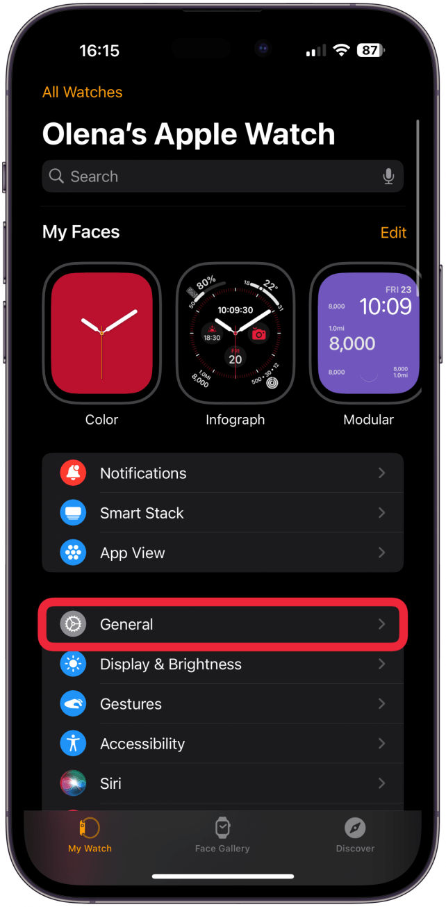 From the My Watch tab, tap on General.