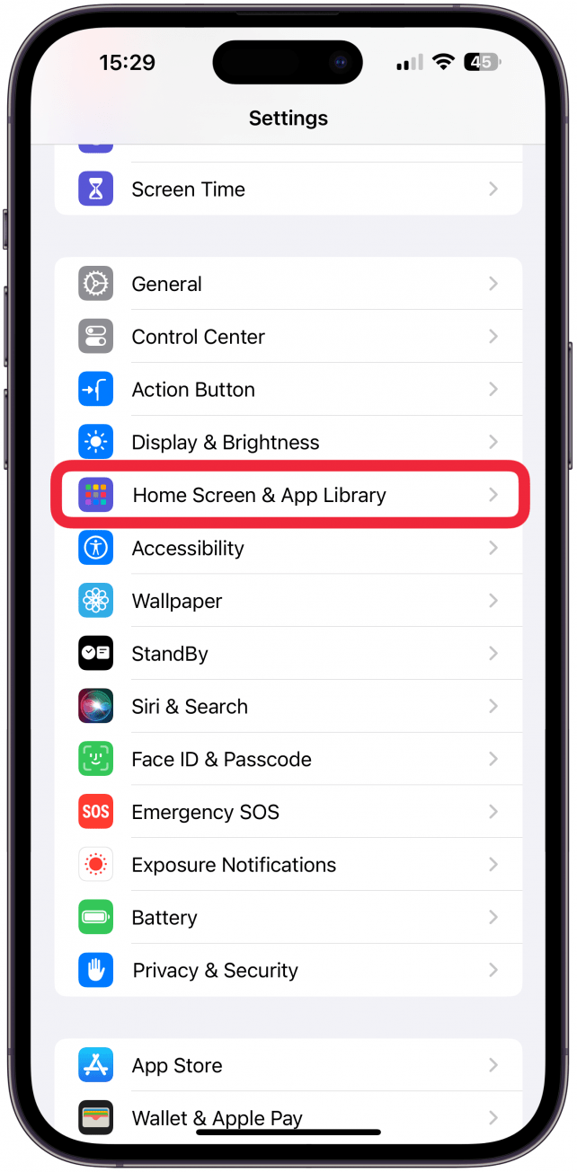 Scroll until you see Home Screen & App Library and tap it.