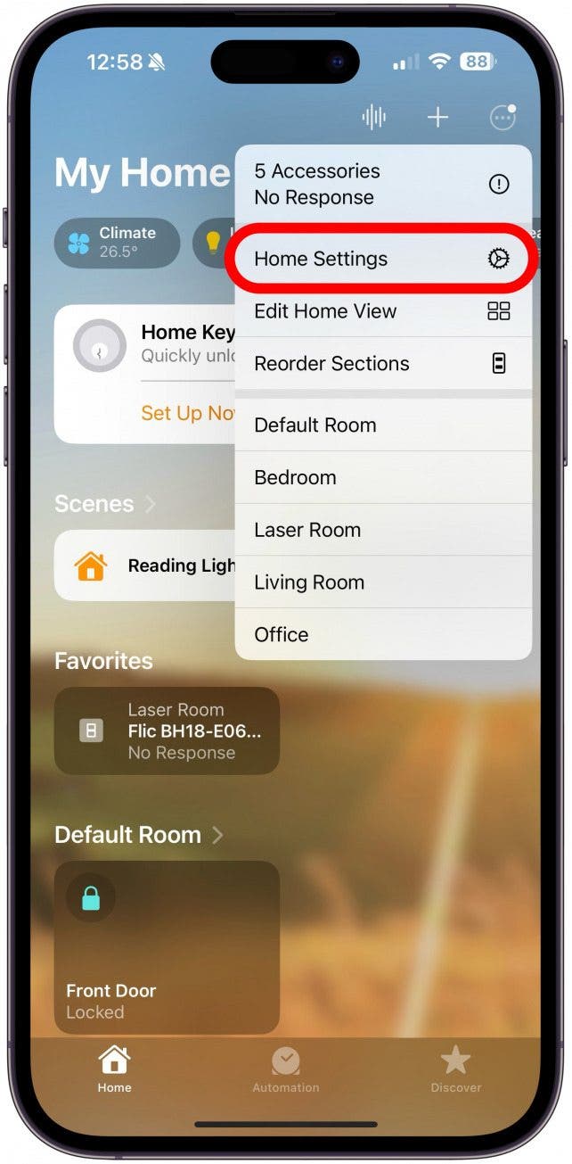 If you have multiple homes, you’ll have to select the correct Home first. Then, tap the More icon again before selecting Home Settings.