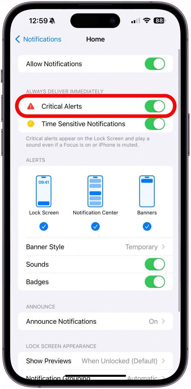 Here, you can toggle Critical Alerts on or off.